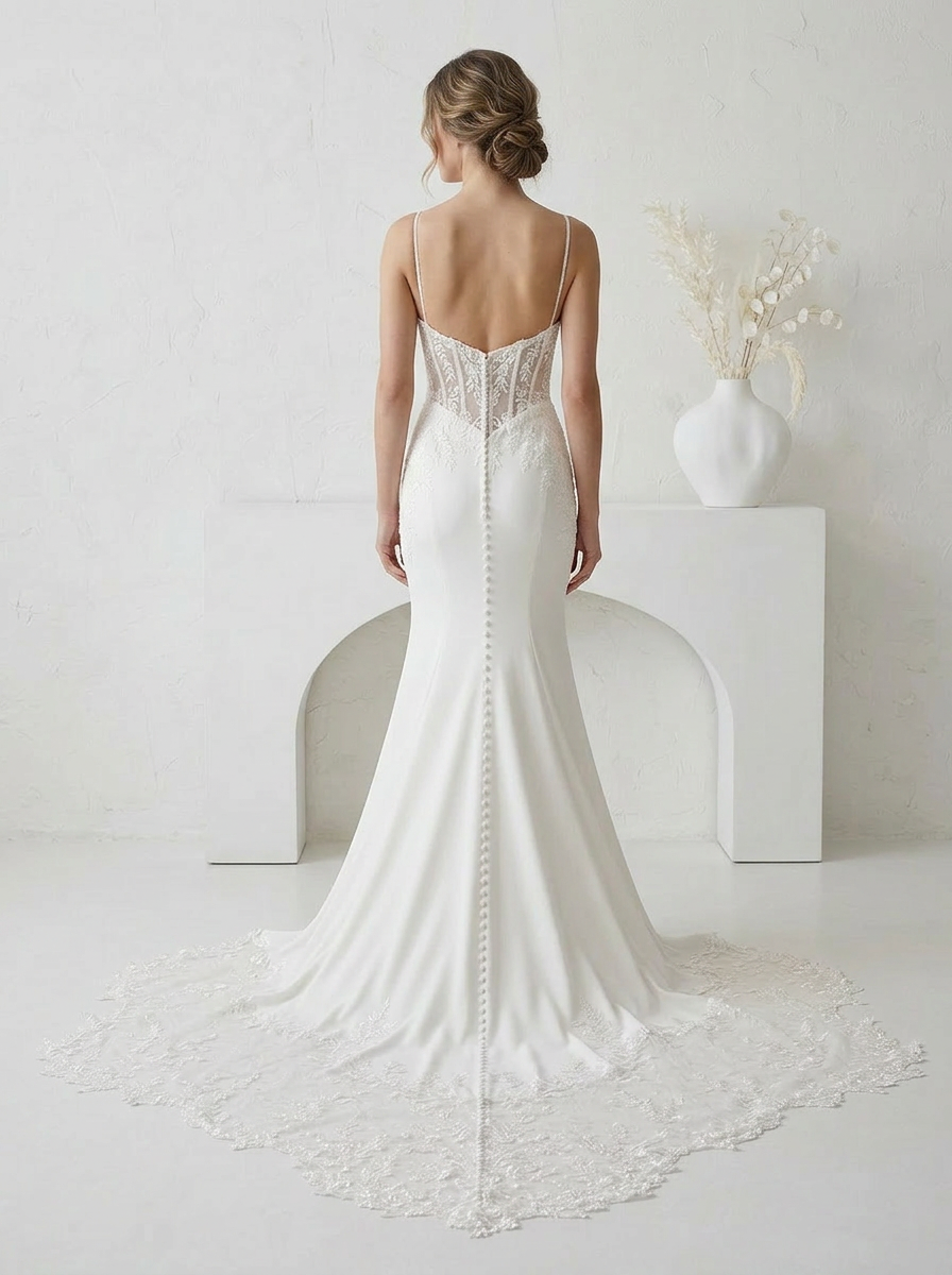 White Spaghetti Straps Corset Mermaid Satin Appliqued Wedding Dress